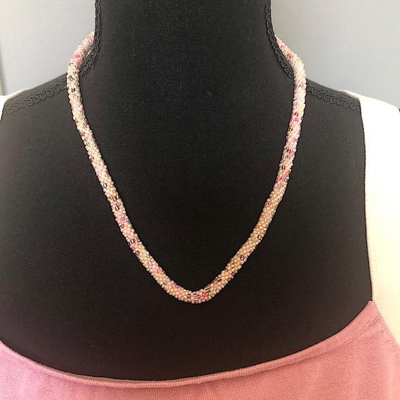 Pink, white & Tan Potay Beaded 20” Necklace - Picture 1 of 4